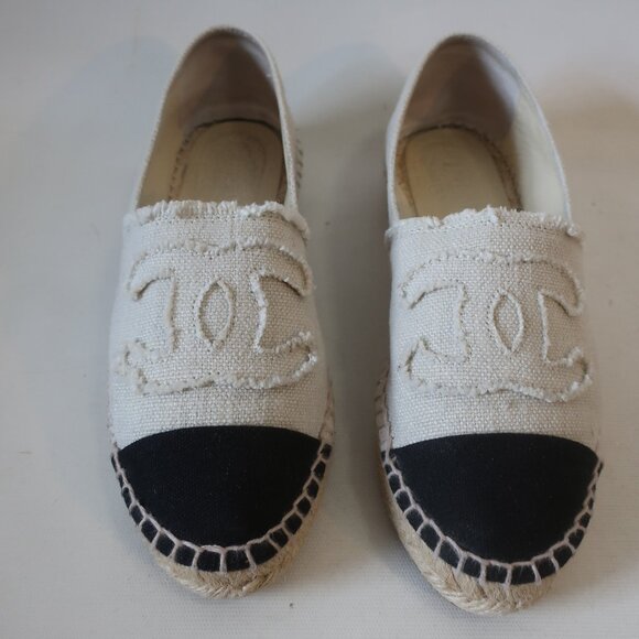Authentic Womens Chanel Rev Coco Beige Black Linen Flat Espadrille Shoes 38 US/8 - Picture 3 of 14